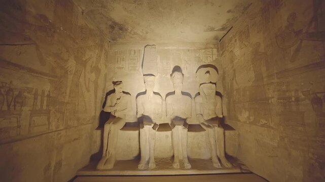 4k footage of Interior view of the famous abu simble temple that is decorated with gods figures and hieroglyphs in aswan in Egypt. 