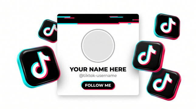 TikTok social media profile UI mockup template with 3D logo icons. Follow me button interface for video content creators, digital marketing promotion, influencer account preview display frame mockup.