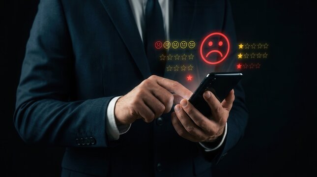Businessman using a smartphone to give a 1-star negative customer experience rating.