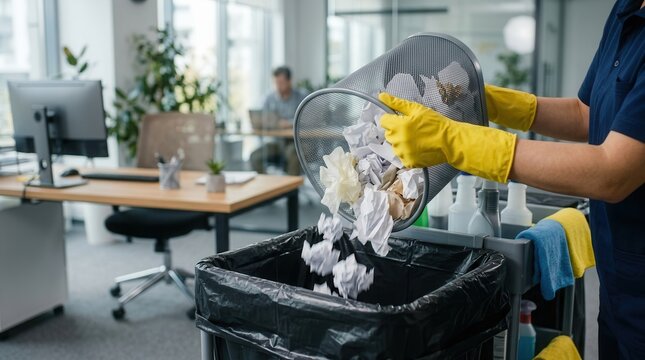 Female cleaner in yellow gloves emptying a trash bin into a plastic bucket on a janitor trolley in a modern office.