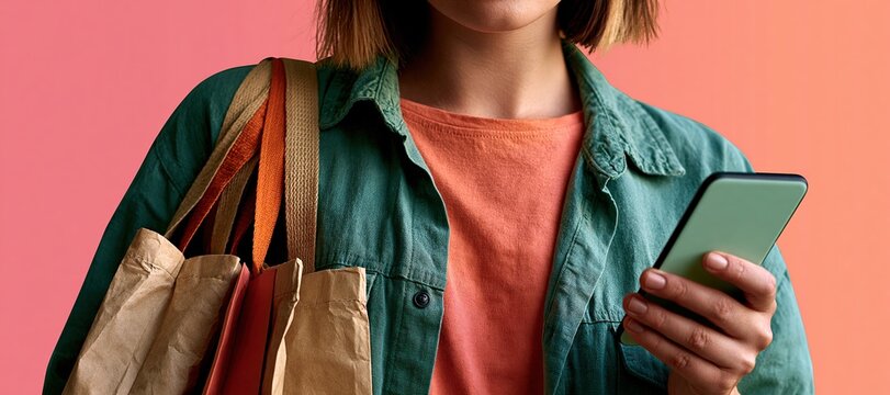 Shopper holding smartphone and paper bags against pastel background with copy space
