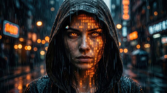 A woman's face projected with glowing orange binary code and pixelated effects.