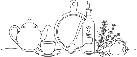 Vintage kitchenware and herbs illustration © Mahmudul