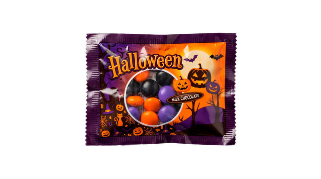 Halloween candy package with orange purple chocolate balls and pumpkin design