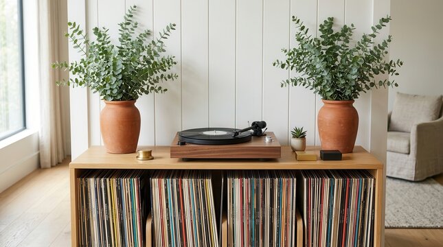 Retro turntable with a collection of classic vinyl records on a wooden shelf.