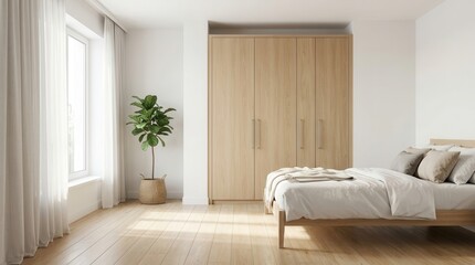 Fototapeta premium A modern fitted wardrobe providing ample storage space in a minimalist bedroom.