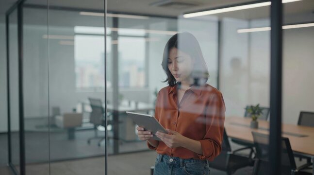 Latin hispanic young woman using pad computer for business app. Busy executive CEO businesswoman professional holding digital tablet pc device for work in office workplace. Web banner, copy space