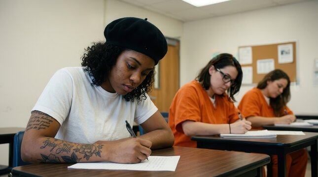 Three young adult women focused on completing assignments during a prison education class.