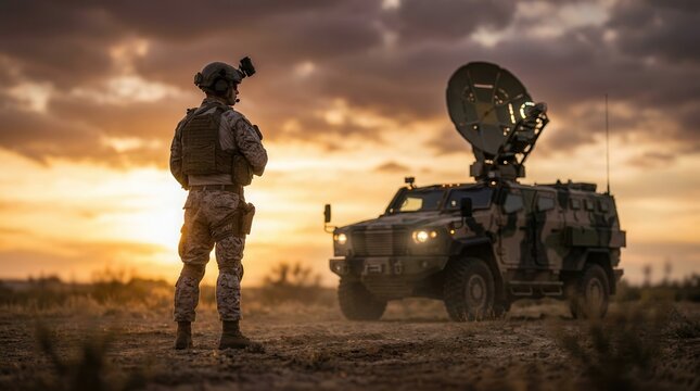Soldier standing guard in front of an armored vehicle and military satellite communication dish.