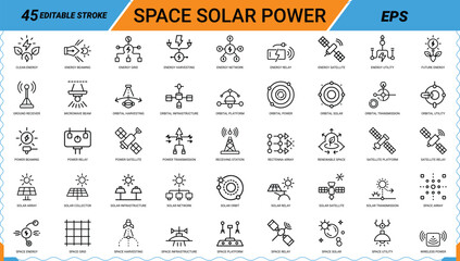 Space solar power vector icons set outline style renewable energy collection orbit systems. © Bellal Icon Studio