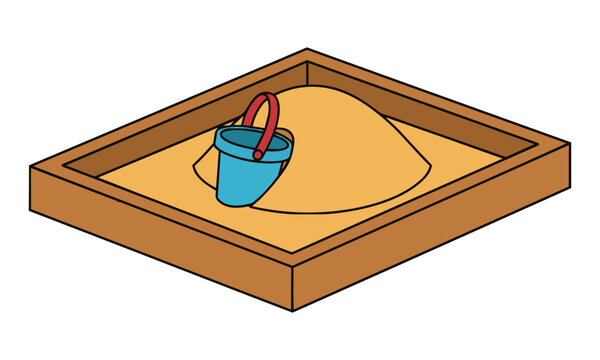Minimalist flat design of a rectangular sandbox with a sand mound and a plastic toy bucket on a white background childhood play and recreation concept