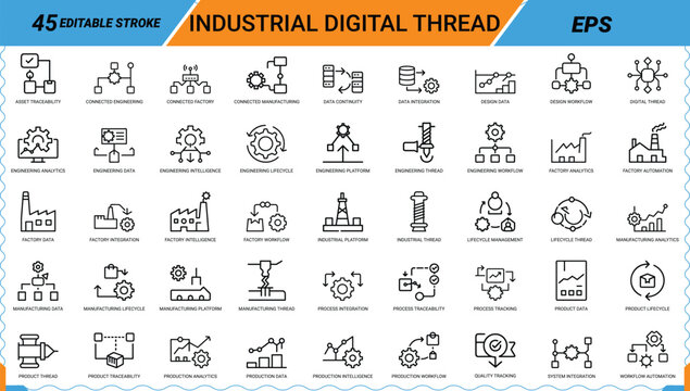 Industrial digital thread icon set showing factory automation manufacturing data workflow.
