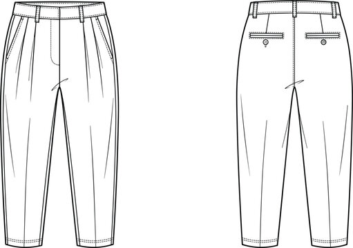 Technical fashion flat sketch of pleated trousers pants with belt loops and back pockets