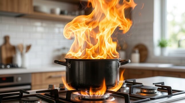 Large flames erupt from a kitchen pan on a gas stove during a cooking fire.