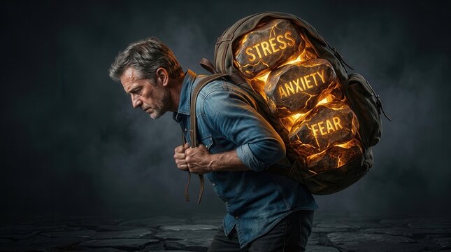 Man burdened by a conceptual backpack filled with glowing stones representing heavy emotional weight.
