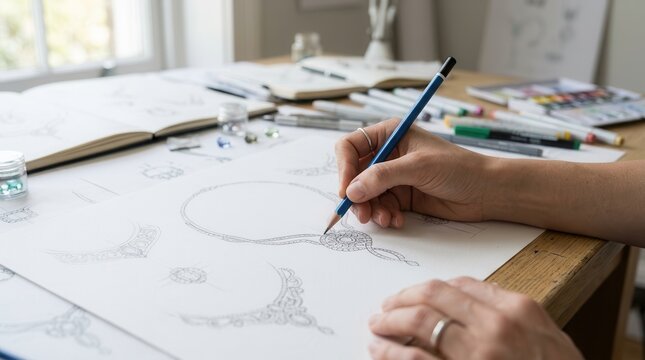 A jewelry designer creating diamond jewelry drawing sketches for luxury necklace product ideas.