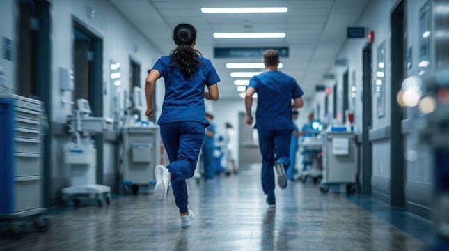 Doctors and nurses running through a hospital emergency corridor during a patient crisis.