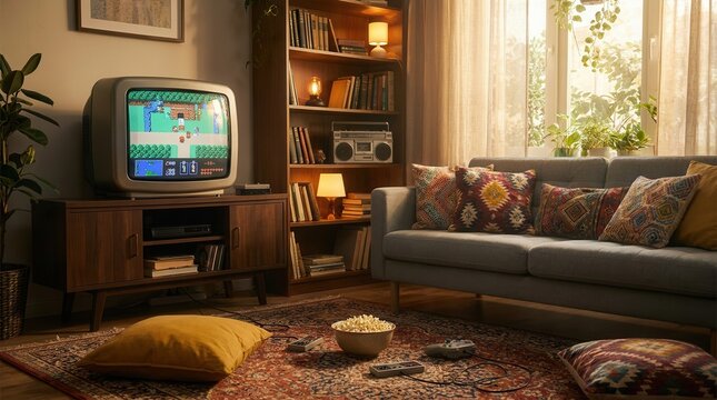 Cozy living room featuring a retro 8bit gaming setup with a vintage TV and nostalgic atmosphere.