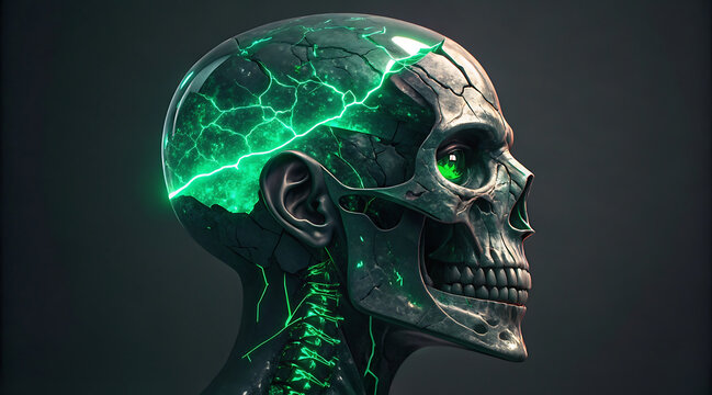 Surreal skull bust fractured skull glowing green crack dark background side view portrait cracked head metallic surface abstract sculpture