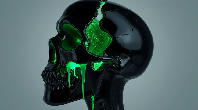 Surreal black skull with green liquid crack, glossy abstract bust, dark gothic horror style
