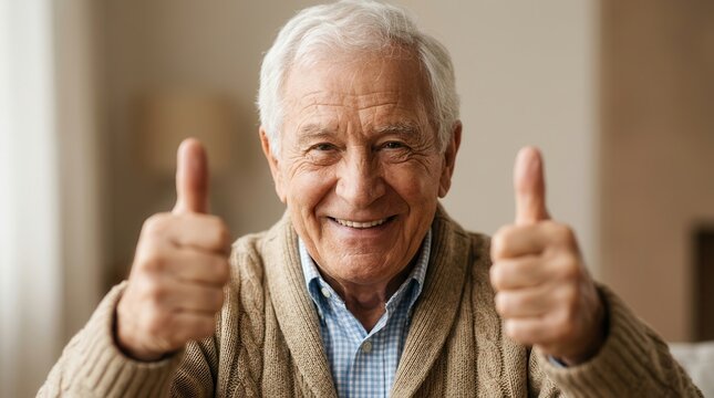 Happy elderly man smiling and giving two thumbs up.