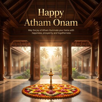 Happy atham onam celebration with traditional pookalam floral design with brass lamp warm