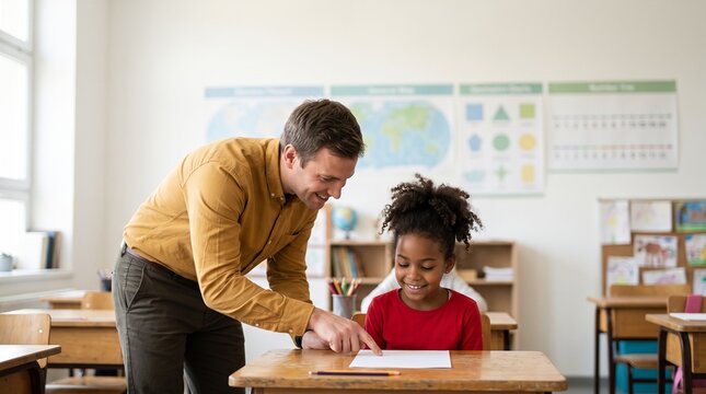 Kindergarten teacher helping African American little girl with school work. Kind mentor pointing at paper in classroom. Early childhood education for primary school student during lesson.