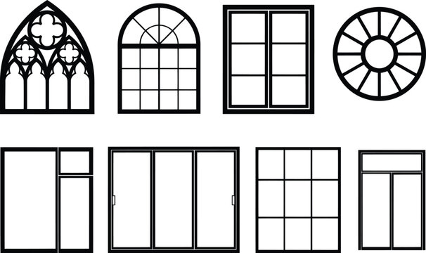 Window collection vector illustration featuring gothic, arched, circular, sliding and modern residential window designs, isolated architectural outline set
