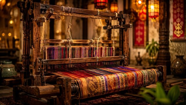 Vintage wooden handloom with colorful woven textile in warmly lit traditional workshop setting