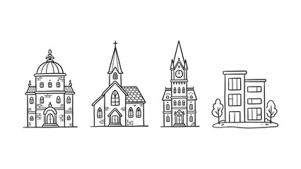 Four Different Style Buildings Illustrated With Minimalist Line Art Design © SHOFIQUL