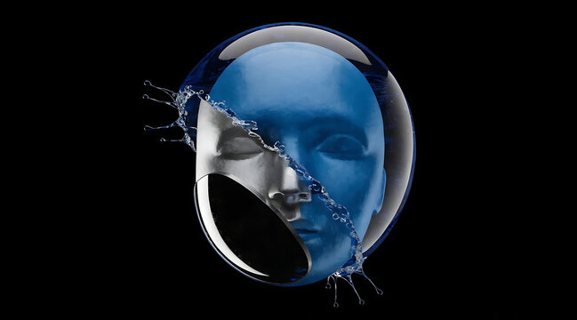 Ultra modern sculptural mask inside glass sphere, blue face split by liquid splash on black background