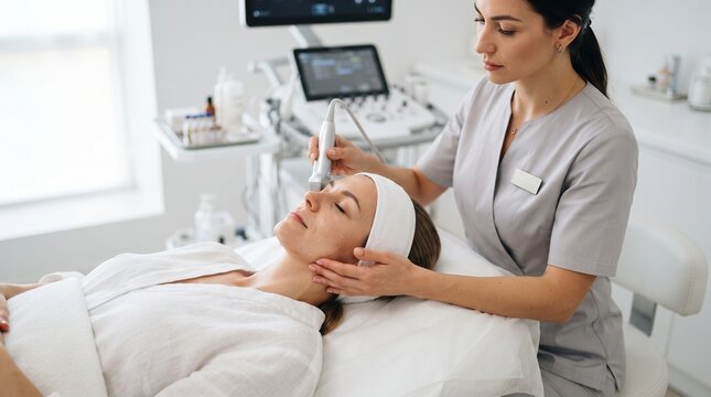 Cosmetologist performing ultrasound facial rejuvenation for woman. Anti aging technology and medical aesthetic procedure in spa clinic.