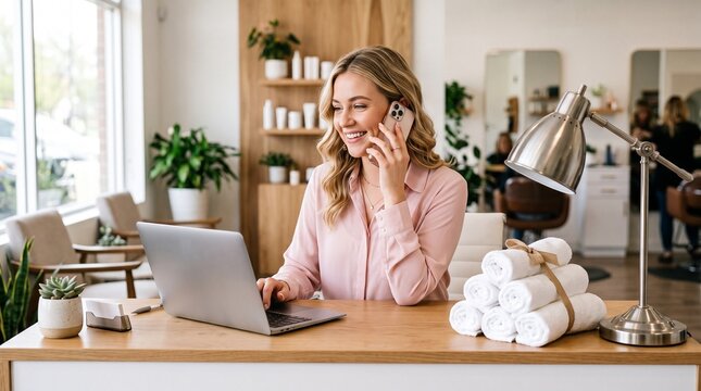 Blonde woman receptionist talking on smartphone and typing on laptop at spa salon reception desk. Professional client conversation and salon management.