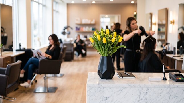 Yellow tulip flower bouquet in black vase on reception desk at modern hair salon. Hairstylist working with woman client. Interior of luxury beauty parlor, professional care service.