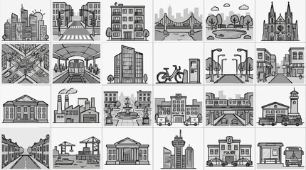 Minimalist Black and White Line Drawing Illustrations of Urban Landmarks Buildings and City Life Scenes © Andi