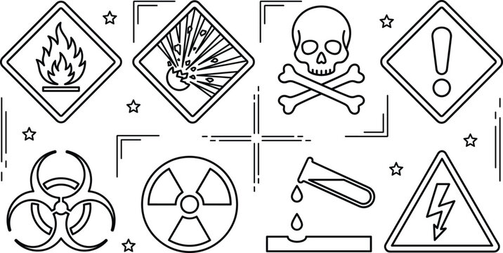 Hazard warning signs and symbols icons set with flammable explosive toxic skull radiation biohazard corrosive and high voltage