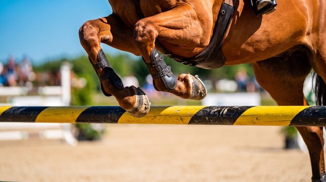 Horse jumping over obstacle during equestrian competition. Concept of sports performance, speed and athleticism in horse riding animal discipline.