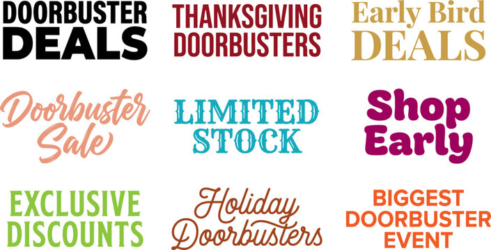 Collection of colorful text phrases promoting holiday sales and discounts isolated on transparent background