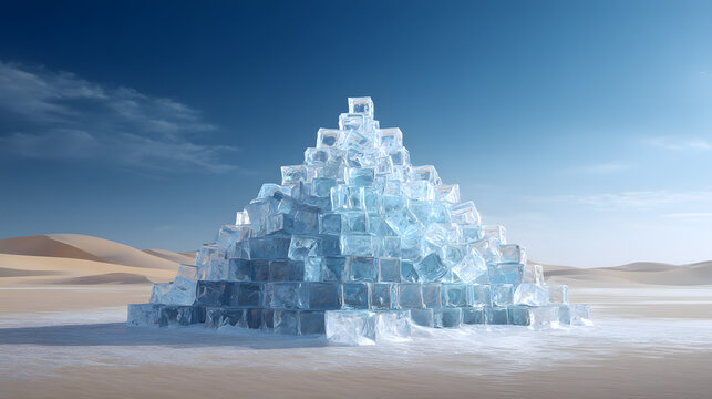 A surreal pyramid made of ice cubes standing in the middle of a hot desert landscape under a clear blue sky, symbolizing climate change and extreme contrast.