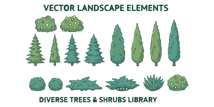 Set of hand drawn vector trees and shrubs for landscape design and garden map illustration