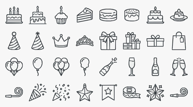 Corporate Celebration Icons Black and White Line Art Set of Party Gift Cake Champagne and Decoration Elements for Presentations Websites or Marketing Materials