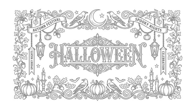 Spooky Halloween Illustration: A decorative illustration for Halloween, featuring intricate designs, pumpkins, crows, crescent moon, autumn leaves, and lanterns.