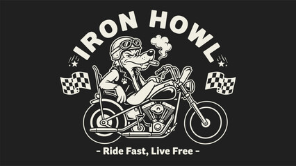 Vintage anthropomorphic wolf biker riding a custom chopper motorcycle with cigar and leather vest illustration for t-shirt design print and apparel © Rizalivn