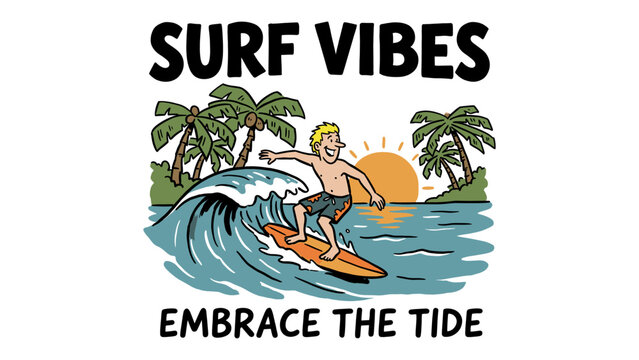Vintage cartoon surfer riding big ocean wave with tropical palm trees and sunset embrace the tide quote illustration for t-shirt design print and apparel