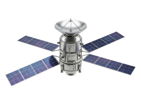 Modern satellite with solar panels for space communication isolated on transparent background