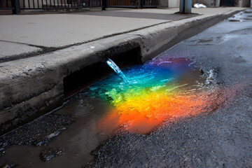 Obraz premium A vibrant rainbow puddle forms on asphalt as water flows from a concrete street storm drain, symbolizing urban runoff, chemical pollution, or environmental awareness.