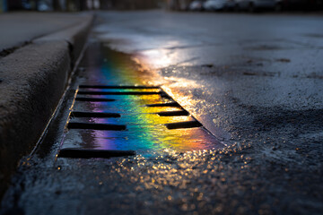 Obraz premium Vibrant rainbow oil slick on a wet city street next to a storm drain, highlighting urban water pollution and environmental runoff.