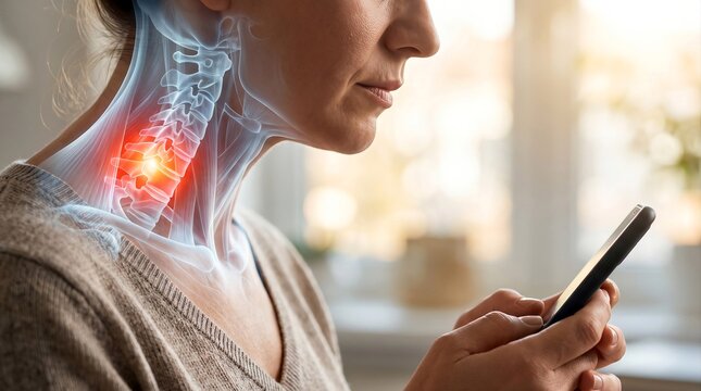 Woman Looking at Smartphone While Experiencing Cervical Neck Pain with Spine X Ray Overlay
