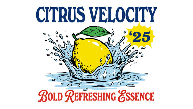 Vintage Citrus Velocity lemon fruit water splash graphic with bold retro typography and refreshing vibes for t-shirt design print and apparel