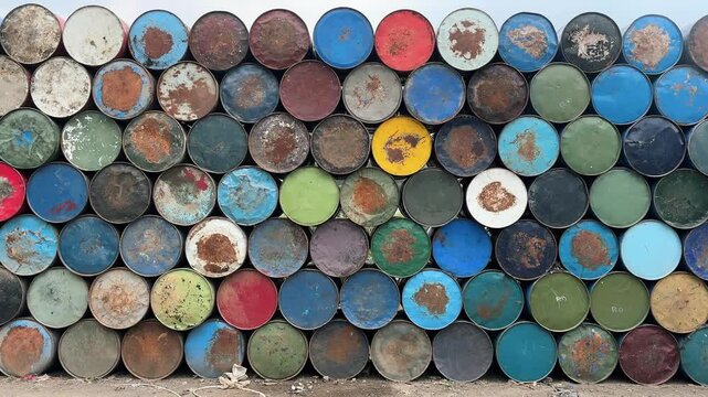 Used oil drums are neatly stacked. Worn-out used oil cans. Horizontal video